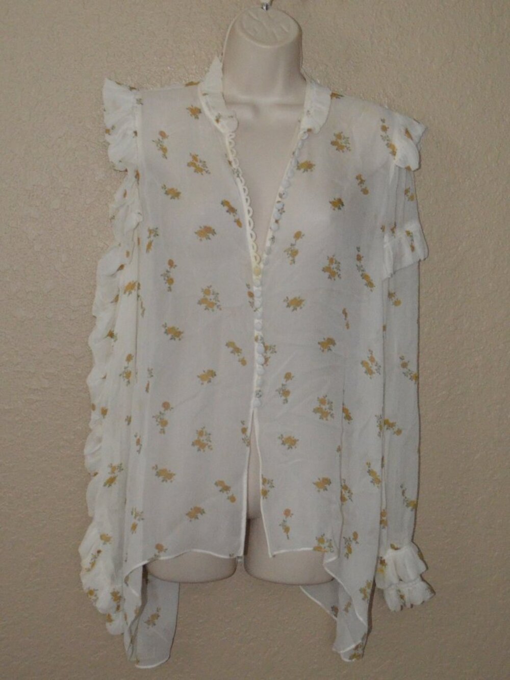 Sz 34 0 Magda Butrym Silk Floral Ruffle Cold Shoulder Long Sleeve Blouse